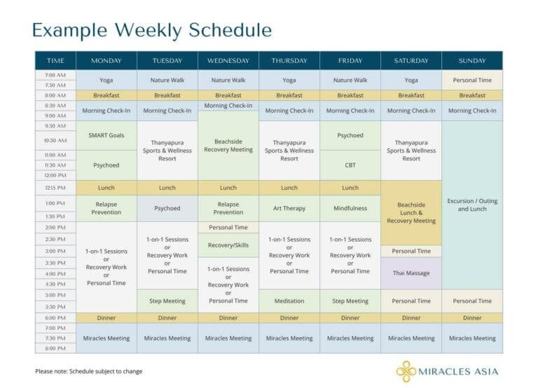 weekly schedule at miracles asia